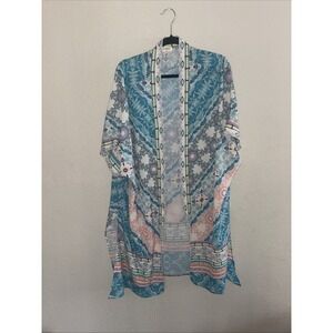 Umgee Kimono Features A Colorful Blue Pink and Geometric Print M Boho Artsy Chic